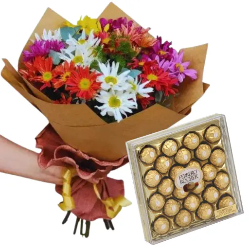 Ramo de flores margaritas con ferrero rocher x 24